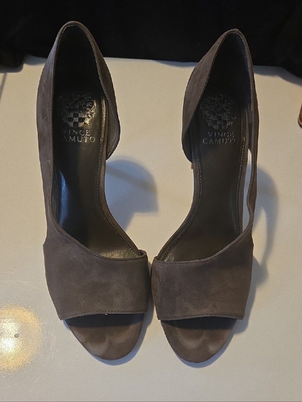Vince Camuto Taupe Suede Open-Toe D'Orsay Heels